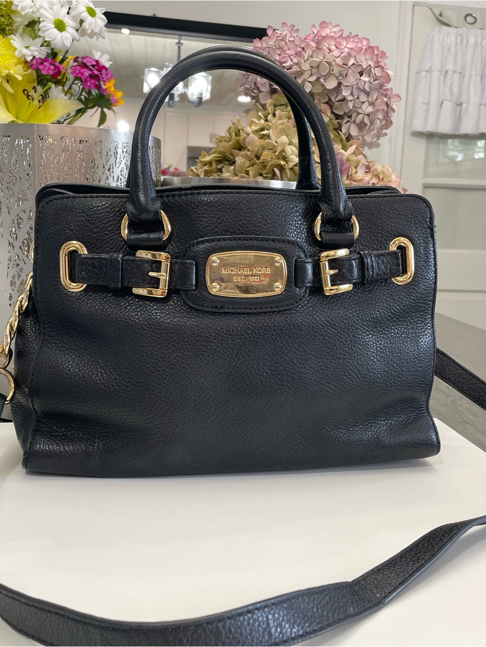Michael Kors Black Leather Satchel with Gold Hardware